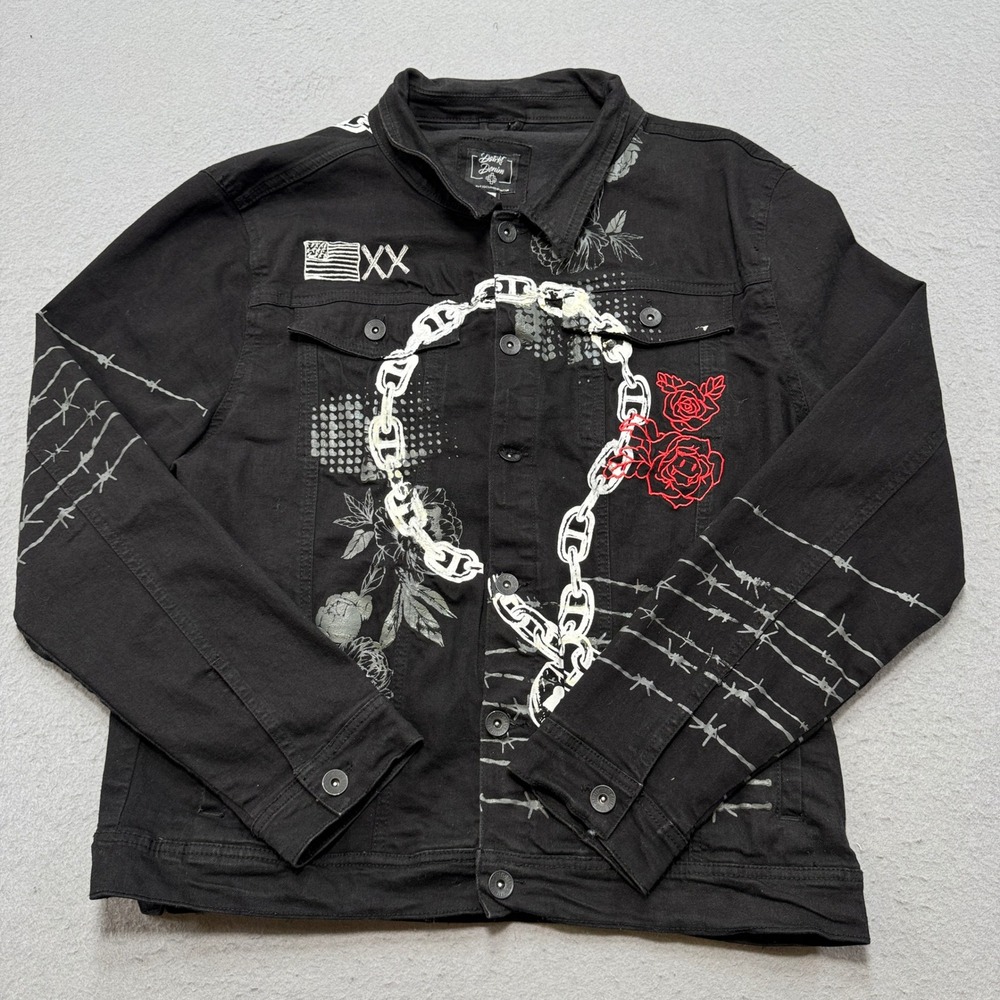 8ighth Dstrkt Jacket Men's 2XL Black Chain Rose Barbed Wire Artsy Distressed